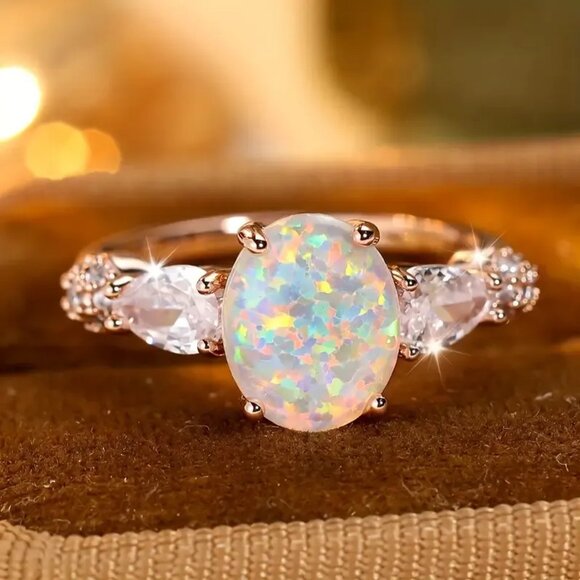 White Oval Shaped Opal Rings Ethiopian Fire Opal Engagement Ring 14K Gold plated - Picture 4 of 5